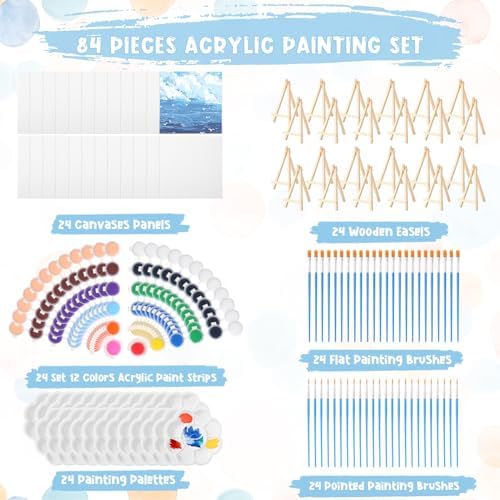 Qilery 24 Set 6 x 6 Inch Canvas Boards and Easel for Painting, Acrylic Paint Strips, Palettes, Brushes, Canvases Painting Kits for Kids Adults Artists Beginners Oil Acrylic Painting Party Favors - Image 3