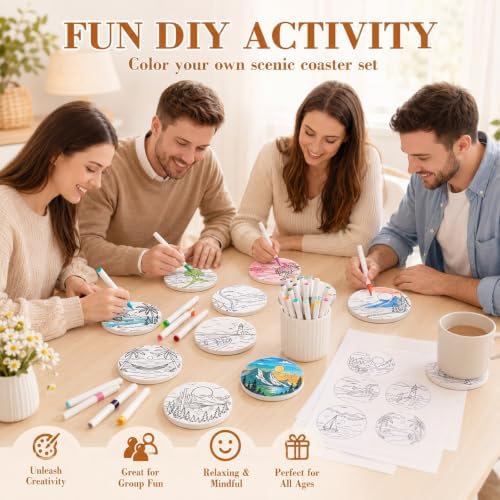 Potchen 12 Pcs Color Your Own Coaster DIY Kits,Artistic Landscape - Image 5