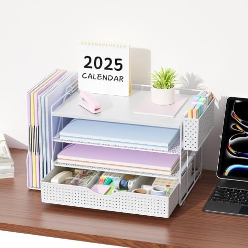 gianotter Wood Desk Organizers and Accessories with File Holder, 4-Tier Desk Accessories & Workspace Organizers with Drawer and Pen Holder, Desk Reference Organizer (White, 4T with Drawer) - Image 5