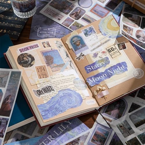 Vintage Scrapbook Stickers, 50 Sheets Aesthetic Oil Painting Sticker Book for Adults with 450pcs Washi Stickers and 20 Sheets Scrapbook Paper Ephemera Sticker Book for Junk Journal Journaling Supplies - Image 4