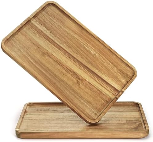 YOUEON Set of 2 Acacia Wood Serving Tray with Raised Edge, 14.2 x 9.5 Inch Rectangular Serving Tray, Appetizer Cheese Plate, Sandwich Dessert Trays, Wood Plates for Food, Coffee, Fruit, Cookie by YOUEON