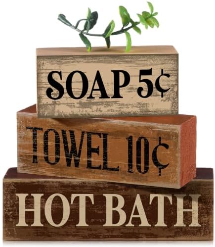 Moucuny 4 Pcs Rustic Bathroom Shelf Decor Wooden Block Signs, Farmhouse by Moucuny