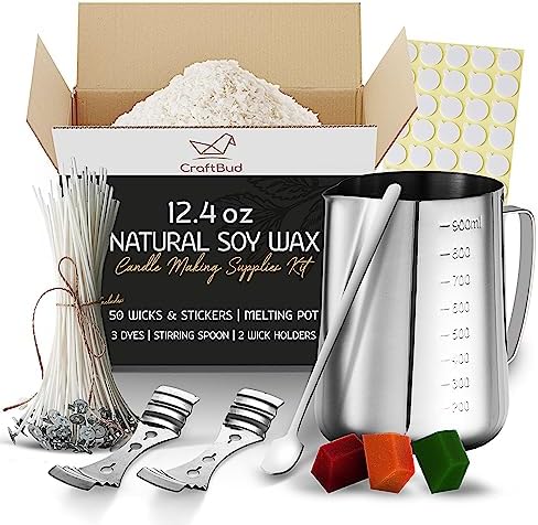 CraftBud Soy Candle Wax for Candle Making – Natural Soy Wax for Candle Making 12.4 Oz Bag, Candle Making Wax, 12.4 Oz Soy Wax Flakes, 50 Candle Wicks, 50 Wick Stickers, and 2 Metal Centering Devices by CraftBud