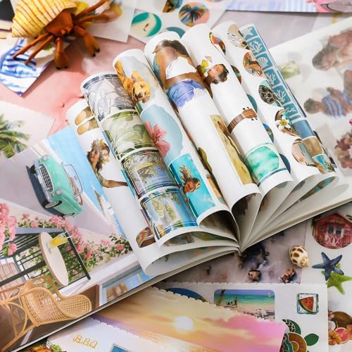 Summer Beach Scrapbook Sticker Book, 500+ Vintage Travel Stickers for Scrapbooking, 20pcs Aesthetic Scrapbook Papers for Adults Women DIY Bullet Junk Journals Supplies, Washi Stickers for Journaling - Image 4