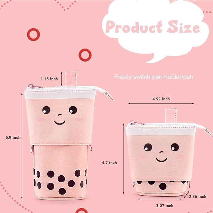 Cute Standing Pencil Case Pen Holder for Kids, Pop Up Stand UP Bubble Tea Pen Organizer Kawaii Stationary for Christmas Holiday New Year Office (Pink)