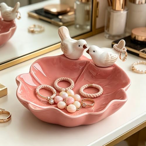 Ceramic Jewelry Tray Trinket Dish, Cute Bird & Lotus Leaf Design, Ring Holder, Seasoning Condiment Dish, Aesthetic Vanity Desk Decor for Bedroom Bathroom (pink) - Image 3