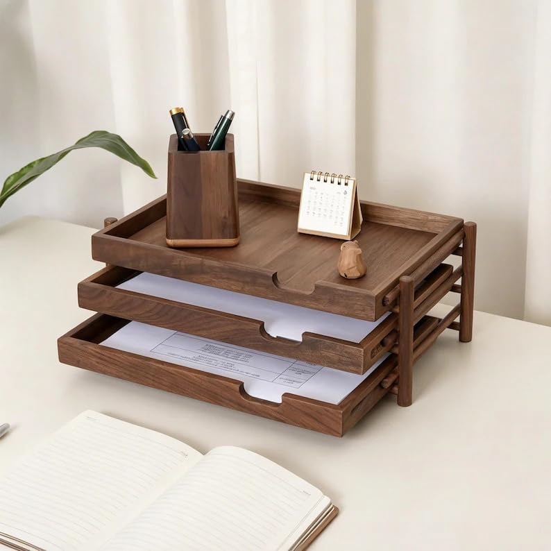 Walnut Wood Desk Organizer with 3 Drawers, Modern Minimalist Desktop Storage Tray, Multilayer Document Holder for Office Home Study, Natural Brown Wooden Desk Caddy by Unknown