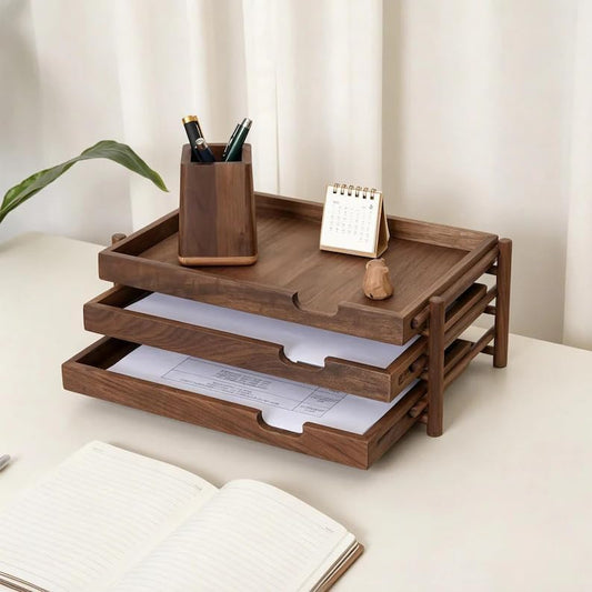 Walnut Wood Desk Organizer with 3 Drawers, Modern Minimalist Desktop Storage Tray, Multilayer Document Holder for Office Home Study, Natural Brown Wooden Desk Caddy by Unknown