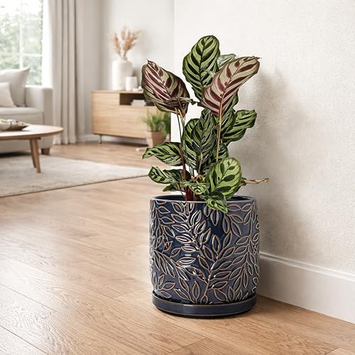 D'vine Dev Embossed Leaves Ceramic Planter, 8 in, Midnight Blue, 27-A-Q-3 - Image 7
