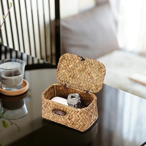 Hipiwe Handwoben Seagrass Basket With Lid Wicker Storage Baskets Decorative Shelf Basket Mini Desktop Organizer, Caramel 4.3" x 2.5" x 2.1" - Image 4