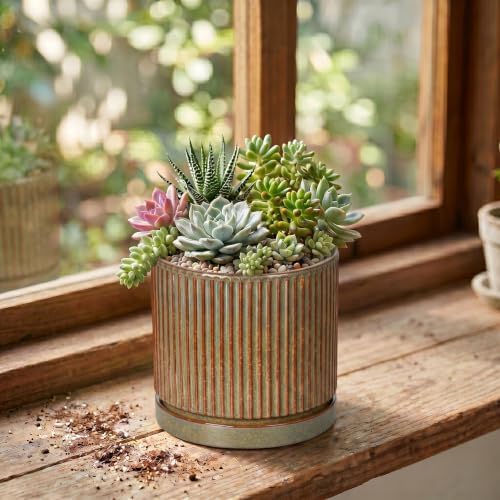 4 Inch Pots for Plants, Ceramic Plant Pots with Saucer, Retro Brown - Image 3