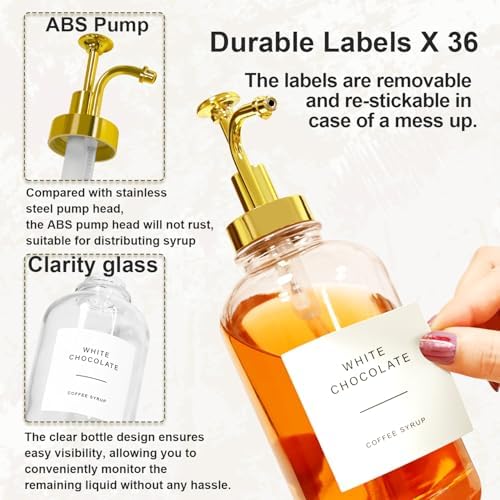 2 Pack 16oz Glass Coffee Syrup Dispenser with Gold Pump, Elegant Coffee Bar Accessories with Labels, Reusable Syrup Bottles for Kitchen, Café & Home Decor - Image 2