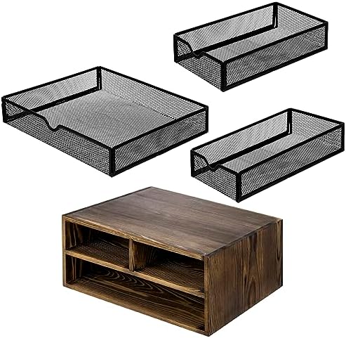MyGift Rustic Burnt Brown Solid Wood Desktop Organizer Box with 3 Removable Black Metal Mesh Trays, Office Desk Supplies Storage Drawers for Accessories - Image 6