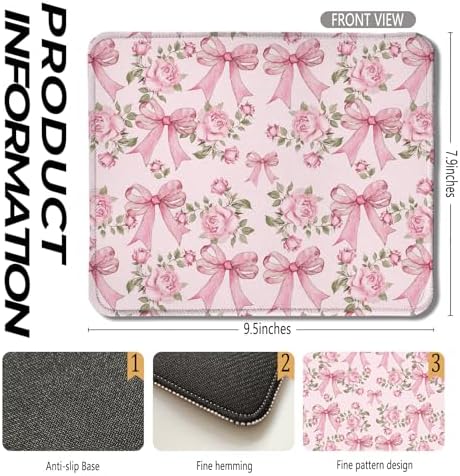 Coquette Pink Floral Bow Mouse Pad, Cute Preppy Girly Pink Bow Ribbon Mouse Pads for Wireless Mouse Computers Laptop Desk Accessories, Preppy Girly Office Supplies, 9.5x7.9 Inch - Image 2