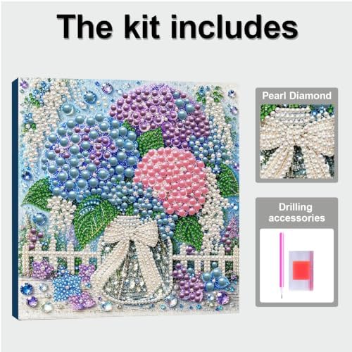 DIY Pearl Painting Kit for Adults, Hydrangea Flower Gem Art with Wood Frame, 20x20cm Pearl Diamond Craft, Floral Wall Decor Gift for Women, Beginners Relaxing Hobby Kit - Image 5