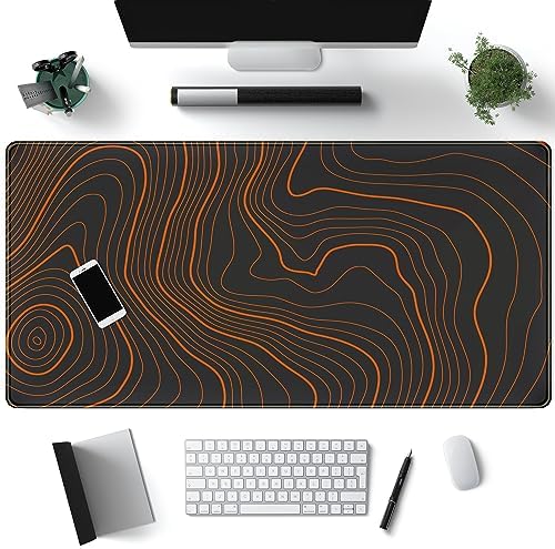 Black Desk Pad Large Gaming Moues Mat Minimalist Orange Topographic Map Desk Mat Extended XL Mousepad 31.5 x 15.7 in, with Anti-Slip Desk Pad Keyboard Stitched Edges Long Computer Keyboard Mouse Mat by Mechanical+Cattle