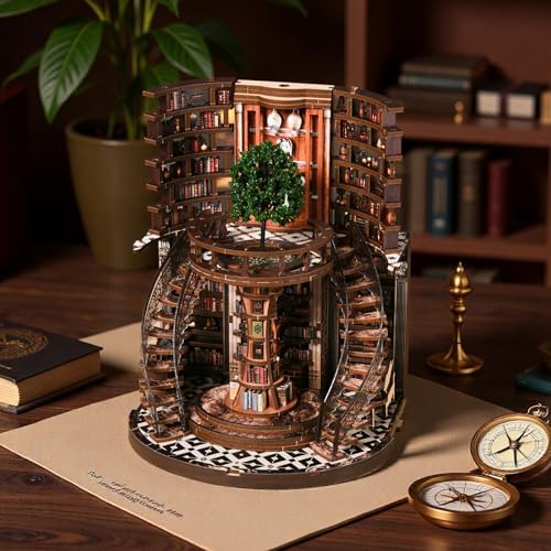Premium Book Nook Kit, Tree Ring Nature Library Wooden Bookend with LED Lights, Detailed Forest Style 3D Diorama, Minimalist Literary Home Decor, Aesthetic Collectible Craft Gift for Adults Teens 14+ - Image 6