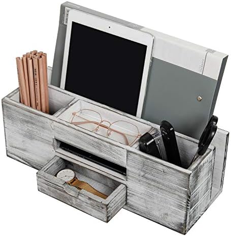 Liry Products Whitewashed Wooden Desktop Organizer Multiple Compartments Rack Shelf Drawer Tabletop Wood Storage Cabinet Office Supplies Caddy Document Stationery Holder Accessory Sorter Vanity Home by EXOLIRY