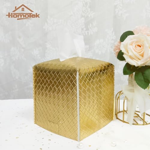 HOMOTEK 2 Pack Tissue Box Cover, Square PU Leather Tissue Holder, Decorative Facial Tissue Cube Paper Organizer Dispenser for Bathroom, Night Stands, Desk, Car 5X5X5'' - Woven Waffle, Brass - Image 4