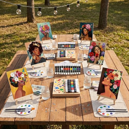 Cholemy 99 Pcs 16 Set Sip and Paint Kit for Adults 8"x 10" Pre Drawn Canvas Painting with Wooden Easel Pre Printed Canvas Painting Favor for DIY Birthday Gifts Adult's Date Party(Charming Lady) - Image 2