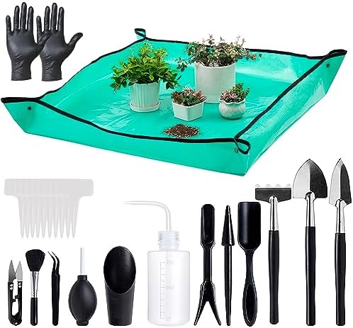Melphoe 25Pcs Mini Garden Hand Transplanting Succulent Tools Set, 39.4" Thickened Repotting Mat & Plant Tag, Miniature Planting Indoor Fairy Care, Potting, Cactus, Houseplant Bonsai Tool Kit (Black) by Melphoe
