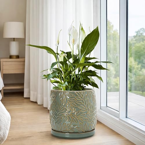 D'vine Dev Embossed Leaves Ceramic Planter, 8 in, Olive, 27-A-Q-0 - Image 7