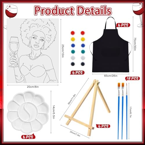 Motipuns 6 Set Pre Drawn Canvas for Painting for Adults Sip and Paint Kit with Easels 8 x 10 Inches Paint Party Kit with Printed Canvas Paints Brushes Palette Apron(Woman and Wine) - Image 3
