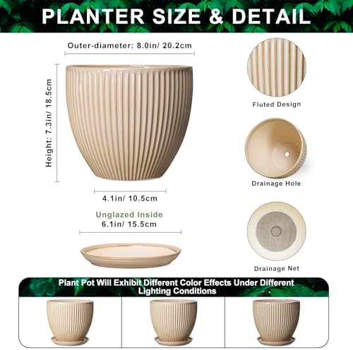 8 Inch Pots for Plants, Ceramic Planter with Drainage Hole and Saucer, Decorative Indoor Plant Pots for Snake Plants, Modern Round Flower Pot, Office House Decor, Gardening Gifts, Beige - Image 2