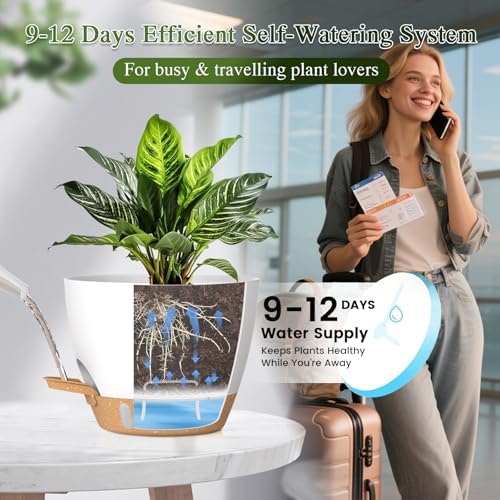 Plant Pots, 1 Pack 12 Inch Self Watering Pots with Drainage Holes, Water Level Indicator Deep Reservoir, Large Planters for Indoor Outdoor Plants - White Brown - Image 4