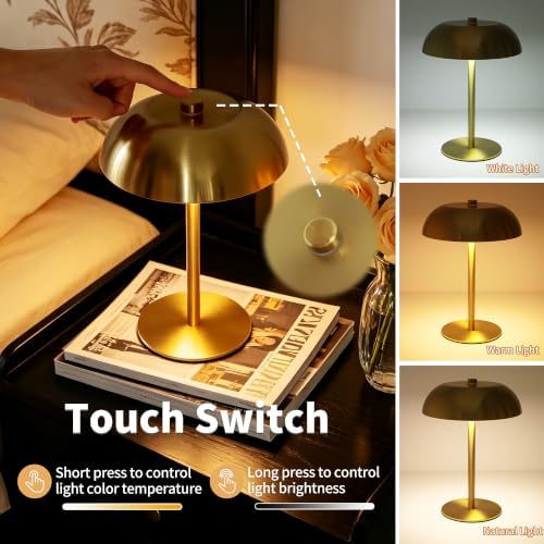 8.4" Mushroom Rechargeable Cordless LED Table Lamp, 5200mAh Battery Powered Portable Table Light with 3 Color Modes & Stepless Dimming, for Patio, Kitchen, Restaurant (Gold) - Image 4