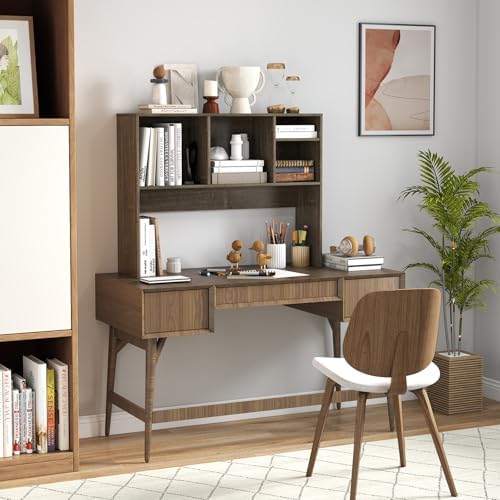 GIANTEX Desktop Bookshelf, Countertop Storage Hutch with 4 Shelves for Computer Desk, Dressing Tabletop Display Rack, Multipurpose Desk Hutch Storage Organizer for Home Office Dorm (Grey Oak) - Image 2