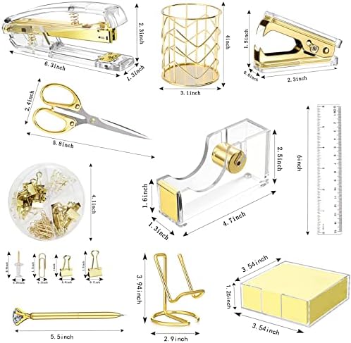 Gold Desk Accessories, Acrylic Stapler, Staple Remover, Tape Holder, Pen Holder, Ballpoint Pen, Scissor, Binder Clips, 1000pcs Staples, Phone Holder, Ruler, Transparent Glue and 300 Notes - Image 2