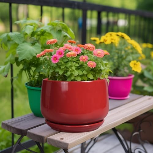 G EPGardening Ceramic Plant Pots - 9 Inch Flower pots for Indoor Outdoor Plant, Round Planter with Drainage and Saucer, Modern Home Decor, Gift for Women Men, Red - Image 2