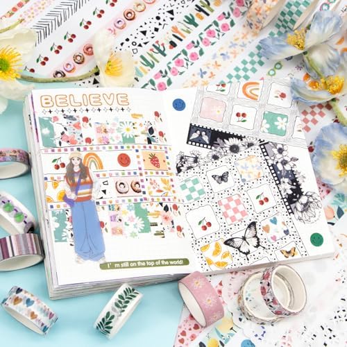 MOOKER 55 Rolls Holiday Washi Tape Set - Decorative Tape Seasonal Bohemian Colored Tape, Cute Washi Tapes for Journaling Supplies, Scrapbooking Supplies kit, Summer Scrapbook Supplies - Image 6