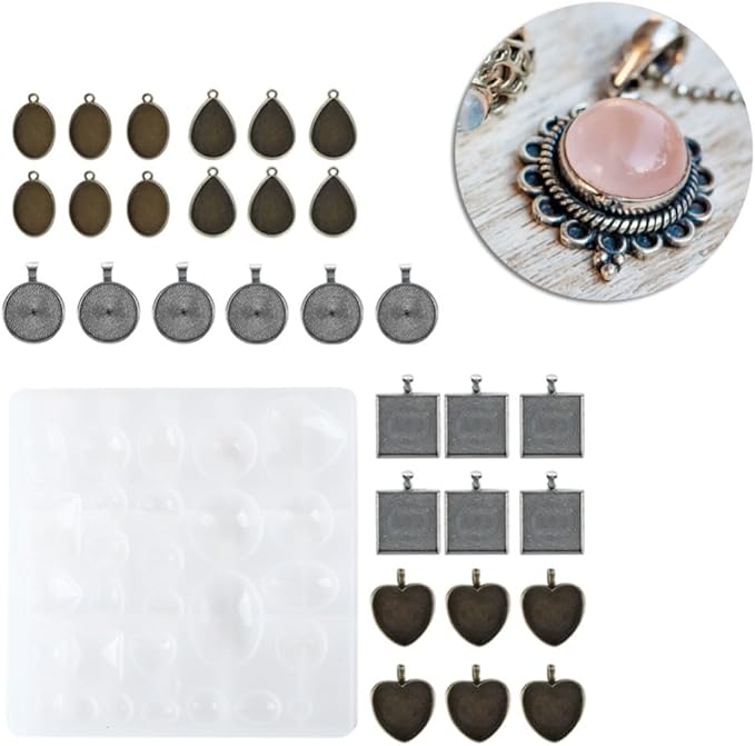 Silicone Mold Alloy Round Oval Heart Shapes Pendant Base Tray for Resin Casting DIY Jewelry Making Kit