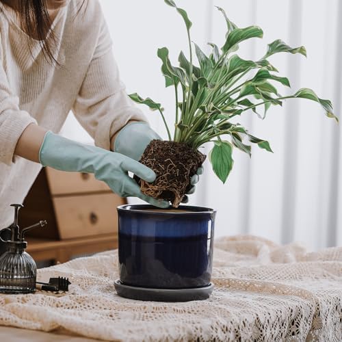 8 Inch Plant Pot: Ceramic Planter with Drainage Hole & Saucer for Indoor Outdoor Plants - Flowerpot with Bonded Tray for Home Office - Blue Reactive Glaze - Image 6