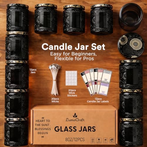 LumaCraft Luxury Embossed Glass Candle Jars for Making Candles - 12 Pack Empty Candle Containers with Lids, 20 Wicks & 20 Stickers, Colored Glass Jars for Gifts & Decor - Image 2