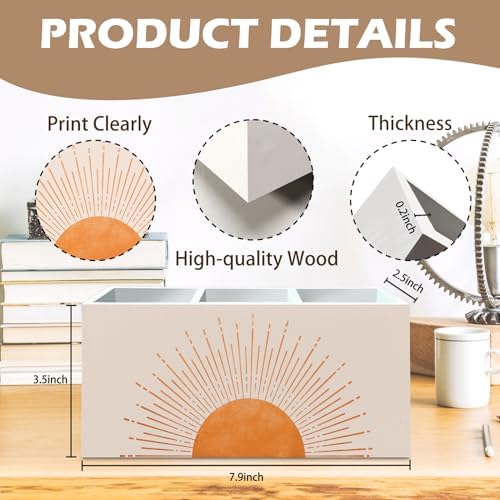 DILSJ Boho Abstract Sunshine Pen Pencil Holder Organizer for Desk, Boho Office Decor, Mid Century Modern Minimalist Sun Sunset Sunshine Wooden Box Signs for Home Office Desk Tabletop Decoration - Image 7