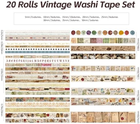 20 Rolls Vintage Washi Tape Set, Floral Letter Butterfly Mushroom Botanical Flower Writable Decorative Tapes for Scrapbooking , Junk Journal Supplies, Bullet Journaling 10-60mm Wide 6.56ft long/Roll - Image 4