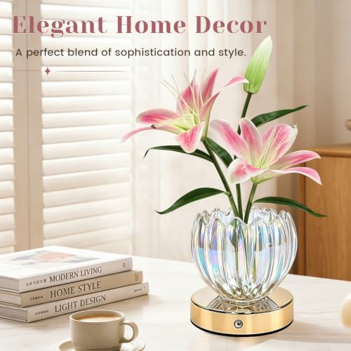 Flower Table Lamp, 3 Color Lily Night Light, Rechargeable Cordless Touch Dimming Artificial Flower Light, LED Flower with Glass Vase Lamp for Girls Women Mom (Pink Lily) - Image 4