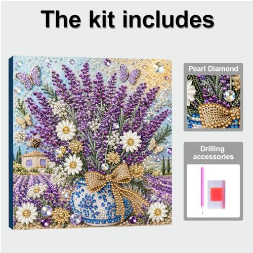 DIY Pearl Painting Kit for Adults, Lavender Flower Gem Art with Wood Frame, 20x20cm Pearl Diamond Craft, Floral Wall Decor Gift for Women, Beginners Relaxing Hobby Kit - Image 5