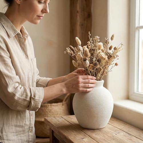 Retro Ceramic Vase, 7.5 Inch Off-White Farmhouse Rustic Pot, Vintage Table Centerpiece for Living Room, Dining Room Office Desk Bookshelf & Fireplace Decor - Image 4