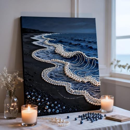Mrchfr Wave Pearl Painting Kit for Adults & Beginners, DIY Ocean Theme DIY All-Pearl Dot Painting, Stress Relief Art Craft Supplies for Gift Home Wall Decor, No Frame (Style C with Frame) by Mrchfr