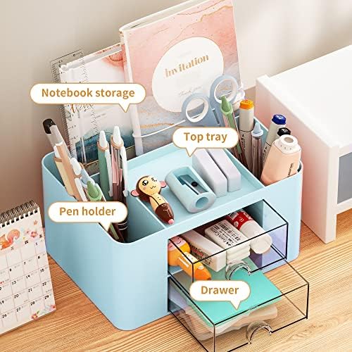 Marbrasse Pen Organizer with 2 Drawer, Multi-Functional Pencil Holder for Desk, Desk Organizers and Accessories with 5 Compartments + Drawer for Office Art Supplies (Blue) - Image 2