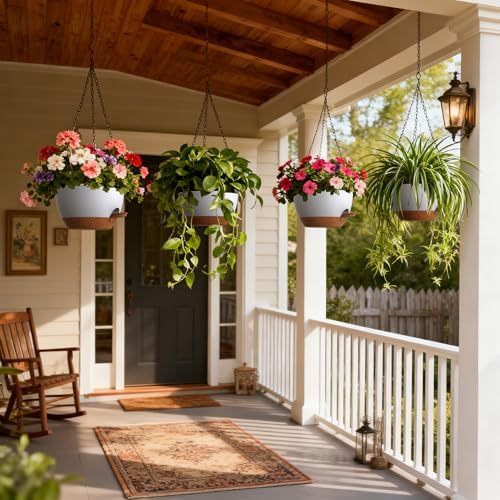 UOUZ 4 Pack 8 Inch Self Watering Hanging Planters for Indoor Outdoor Plants，Hanging Pots for Plants with Drainage Removable Tray, Hanging Baskets Flower Pots for Pothos Garden Porch White with Brown - Image 2