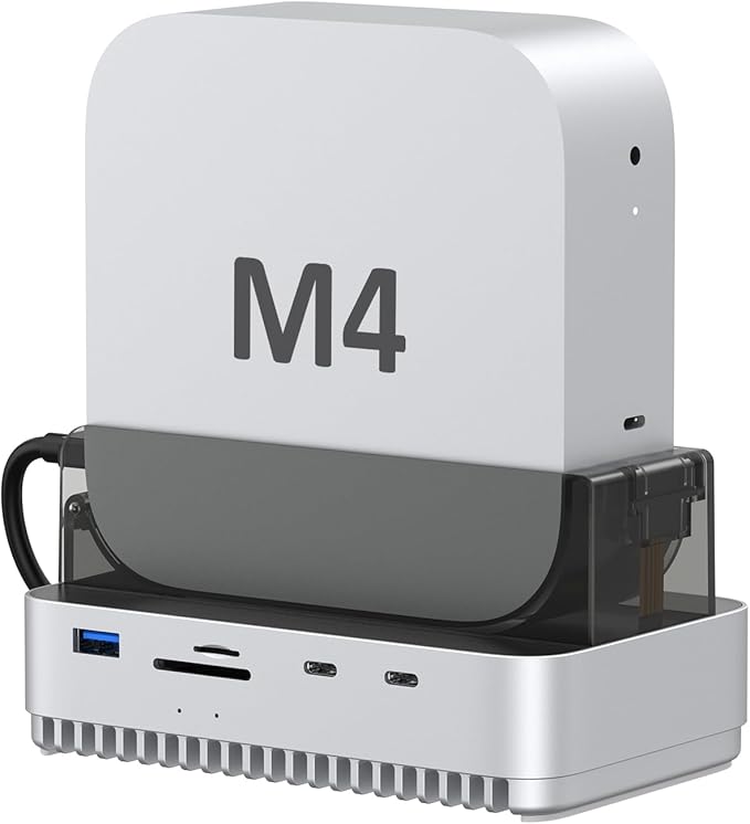 Vertical Station Mac mini M4 M.2 NVMe USB4 SSD Enclosure 40Gbps USB-C Hub Aluminum Fins Dual Host USB-C Ports SD/TF 4.0 USB