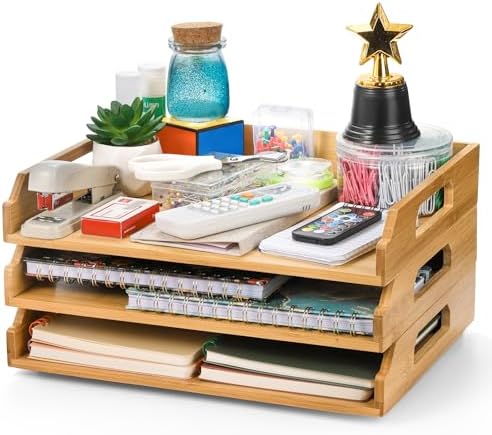 Okllen 3 Pack Stackable Paper Trays, Bamboo Desk Letter Tray Set, 3 Tier File Document Organizer Tray for A4 Paper, Magazine, Receipts, Office Supplies by Okllen