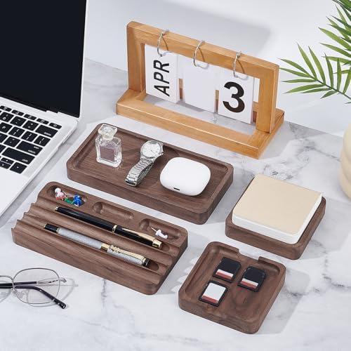 4Pcs Wooden Desk Organizer Tray with Pen Holder, Men Valet Tray - Image 4