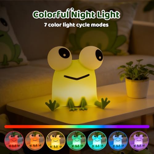 Frog Night Light for Kids with Timer, Dimmable 3 Brightness 7 Colors, Kawaii Big-Eyed Frog Lamp Funny Gifts, USB Rechargeable Portable Night Lamp Decor for Girl Boy Nursery/Bedroom/Desk/Office - Image 3