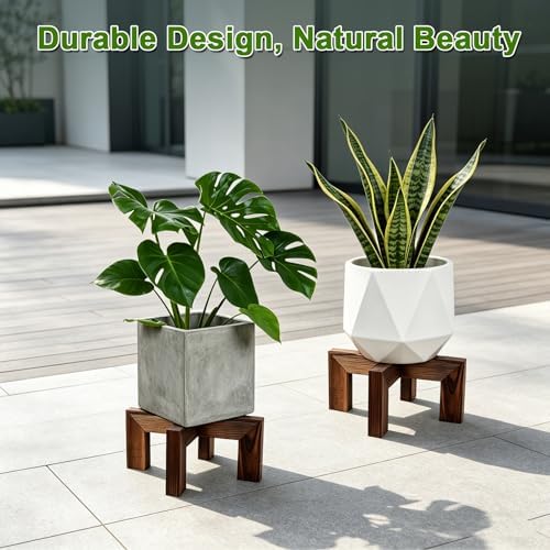 Wood Plant Stand Indoor Outdoor, Mid Century Modern Planter Holder, Sturdy Plant Pot Stand, Single Floor Flower Pot Holder (Walnut, Fit 5-10 Inch Pots) - Image 3